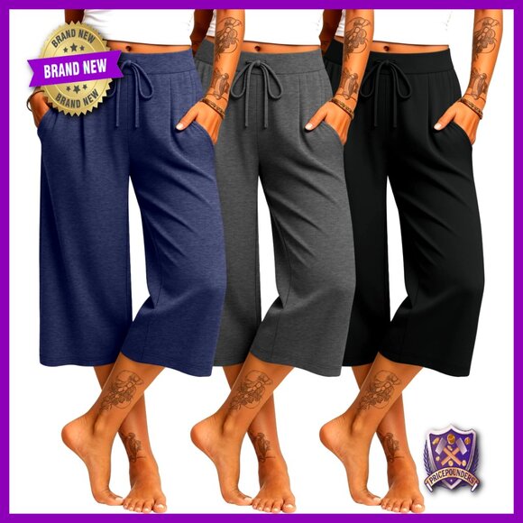 3 Pack High Waist Wide Leg Yoga Capri Pants with Pockets Drawstring